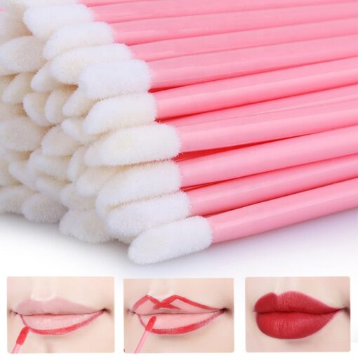 50pcs Nude Pink Microblading Disposable Lip Brush Nylon Head Lip Coloring Wand Applicator Disposable Makeup Brush 2