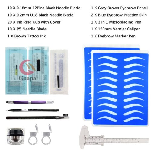 Eyebrow Microblading kit Eyebrow Micro Needling Pen Set with Pigment Ink Cups Holder 12pin Blade Practice 5